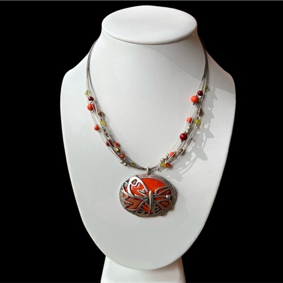 Chico's Jewelry - Chico’s Orange Butterfly Silver Metal Wire Beaded Necklace